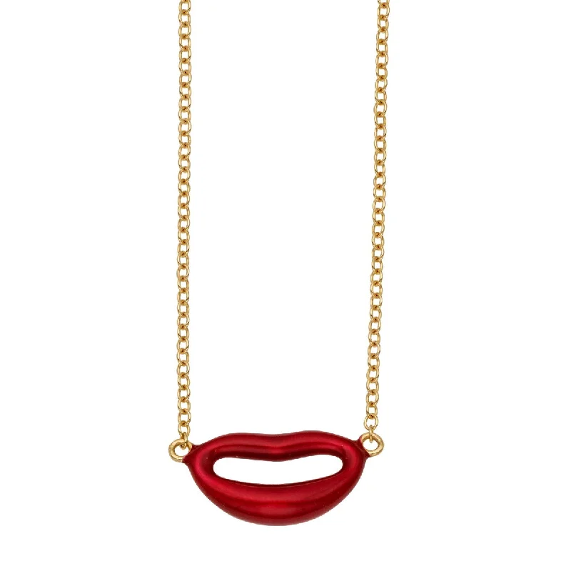 Retro Pendant Necklaces -14K Yellow Gold 18" Lipstick Red Enamel Italian Kiss Necklace with Extender RC5590-18