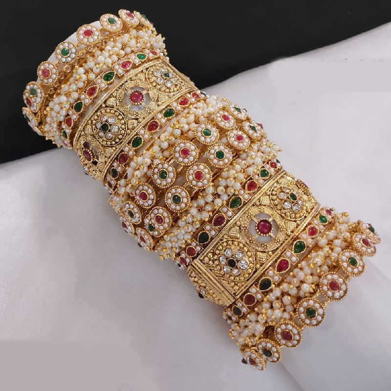 Statement Bangles For Fashionistas-Akruti Collection Gold Plated Pota Stone And Pearl Openable Bangle Set