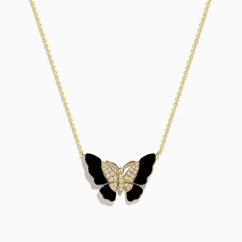 Adjustable Chain Necklaces -Nature 14K Yellow Gold Onyx and Diamond Butterfly Necklace