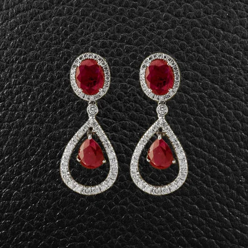 Clip On Earrings-Ruby & Diamond Dangle Earrings