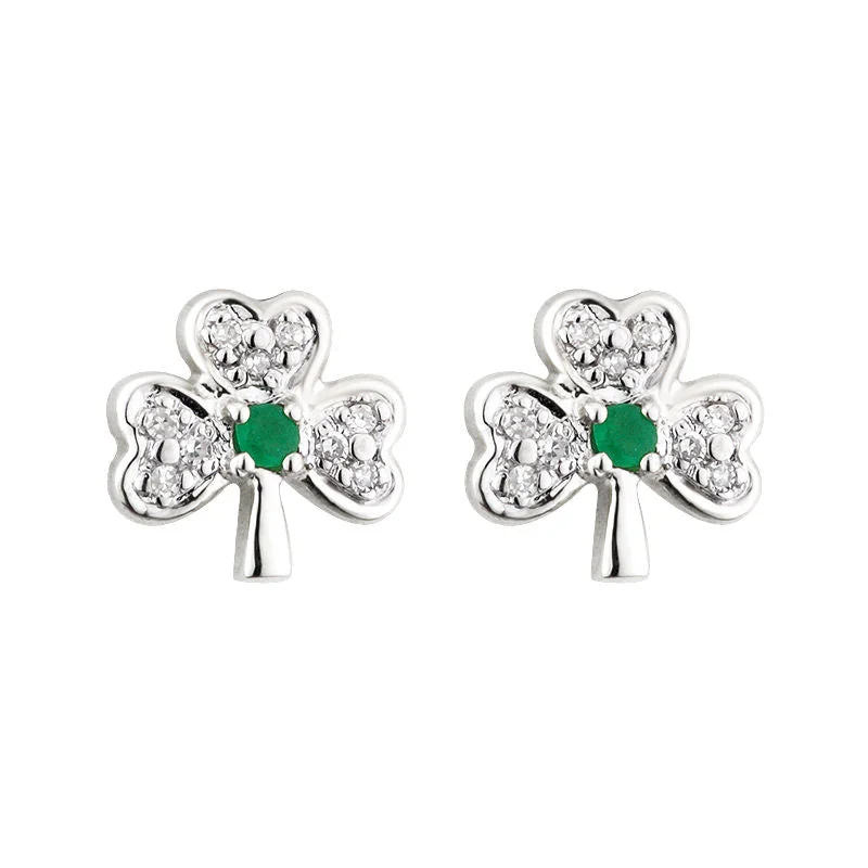 Gold And Diamond Earrings-14K White Gold Diamond & Emerald Shamrock Earrings