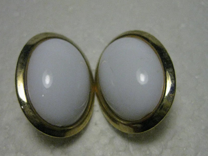 Wedding Earrings With Diamonds-Vintage 1970's/80's Goldtone Large Oval Clip Earrings with White Domed Center, 1.25"