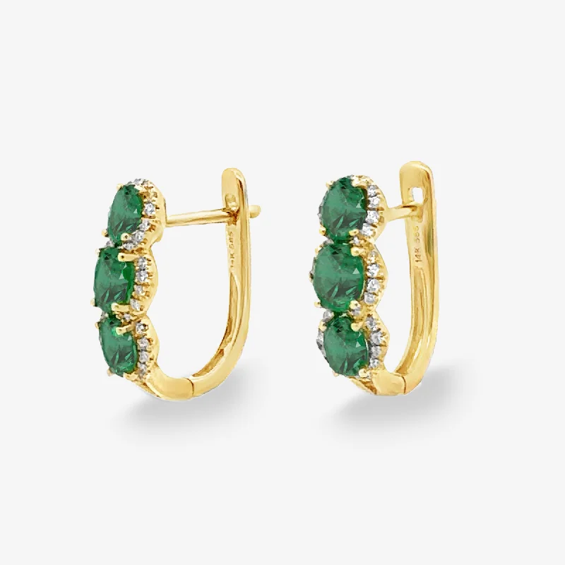 Wedding Earrings With Pearls-Emerald & Diamond U-Hoop Huggie Earrings