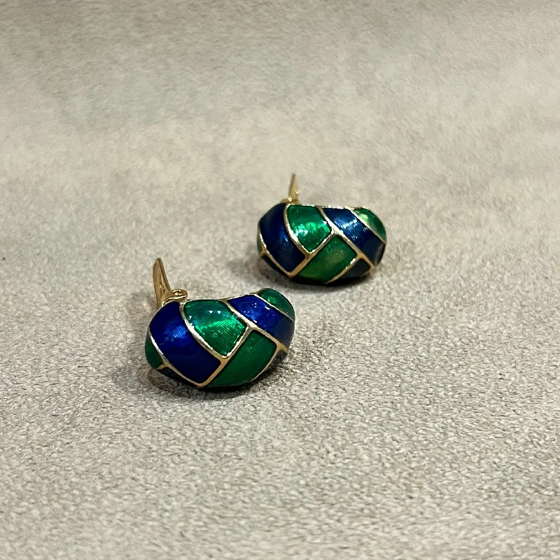 Pearl Drop Earrings-Vintage Blue and Green Enamel Clip On Half Hoop Earrings Gold Plated