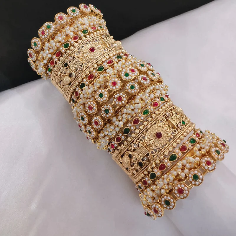 Gold Bangles With Intricate Stonework-Lucentarts Jewellery Gold Plated Pota Stone And Pearls Openable Bangles Set