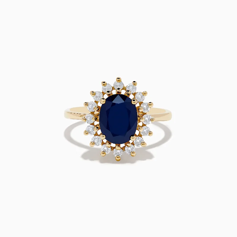 Elegant rings for her-14K Yellow Gold Blue Sapphire and Diamond Ring, 2.29 TCW