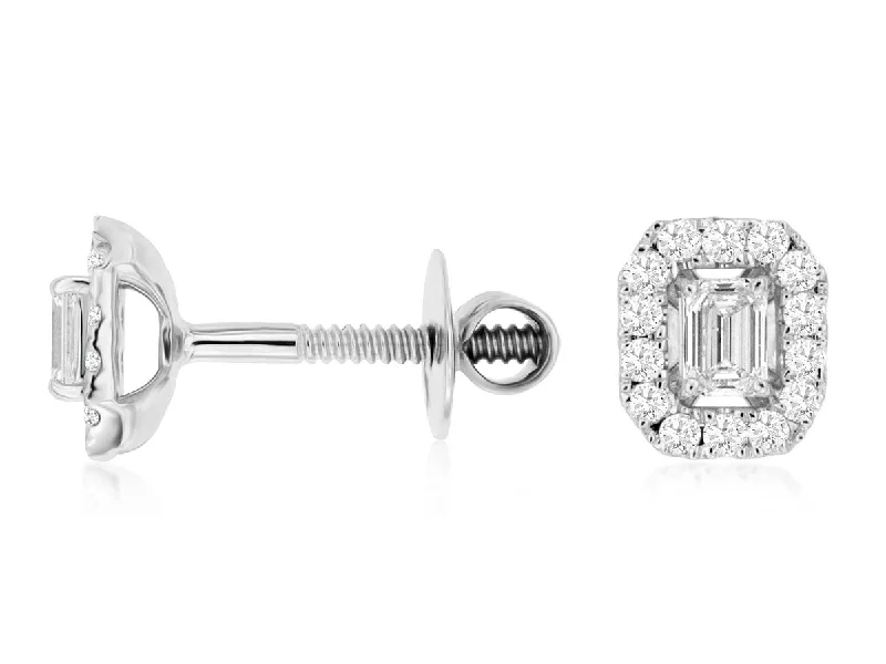 Women's Silver Earrings-14K White Gold Emerald Cut Diamond with Round Diamond Halo Stud Earrings