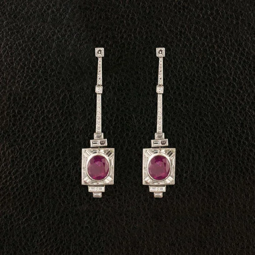 Wedding Earrings With Crystals-Ruby & Diamond Dangle Estate Earrings