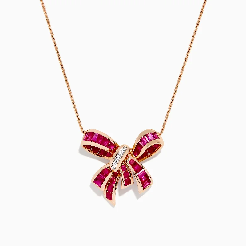 Fine Silver Necklaces -Ruby Royale 14K Rose Gold Ruby and Diamond Bow Necklace, 2.97 TCW