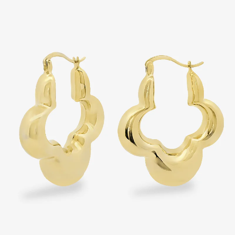 Classic Stud Earrings-Gold Puffy Clover Hoop Earrings