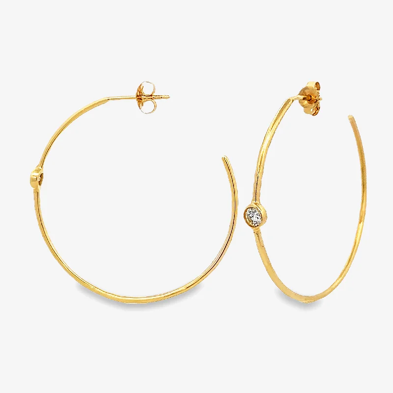 Solid Gold Earrings-Bezel Set Round 0.20CT 1.5" Hoop Earrings