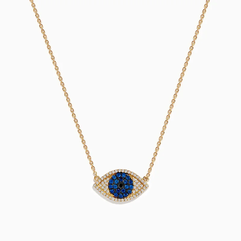 Diamond Necklaces -14K Yellow Gold Blue Sapphire and Diamond Evil Eye Necklace