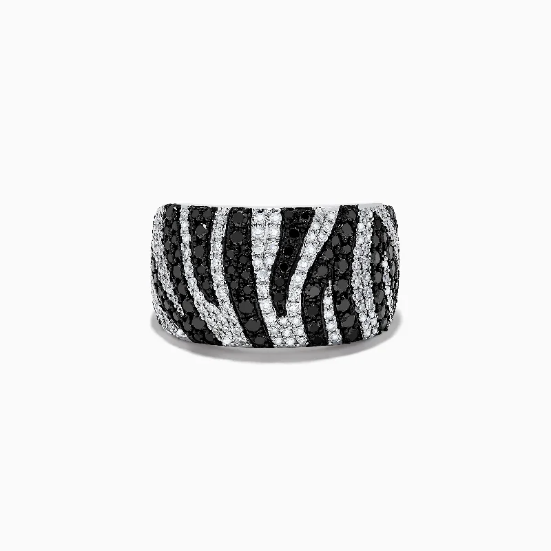 Luxury wedding rings with gemstones-14k White Gold Black and White Diamond Zebra Print Ring