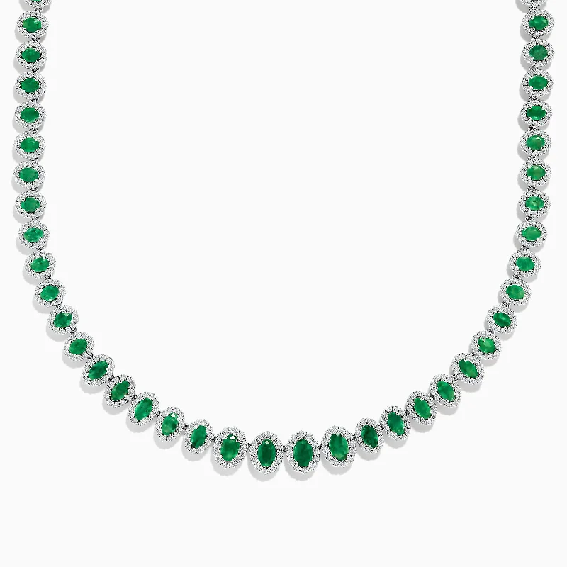 Anniversary Pendant Necklaces -14K White Gold Emerald and Diamond Tennis Necklace