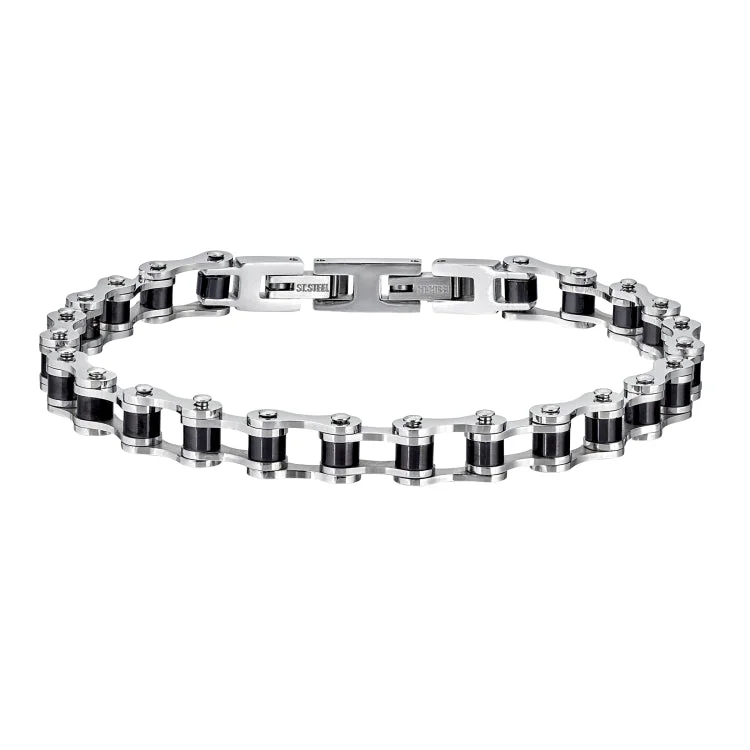 Custom Bracelets With Birthstones-Black And Silver Stainless Steel Biker Chain Bracelet