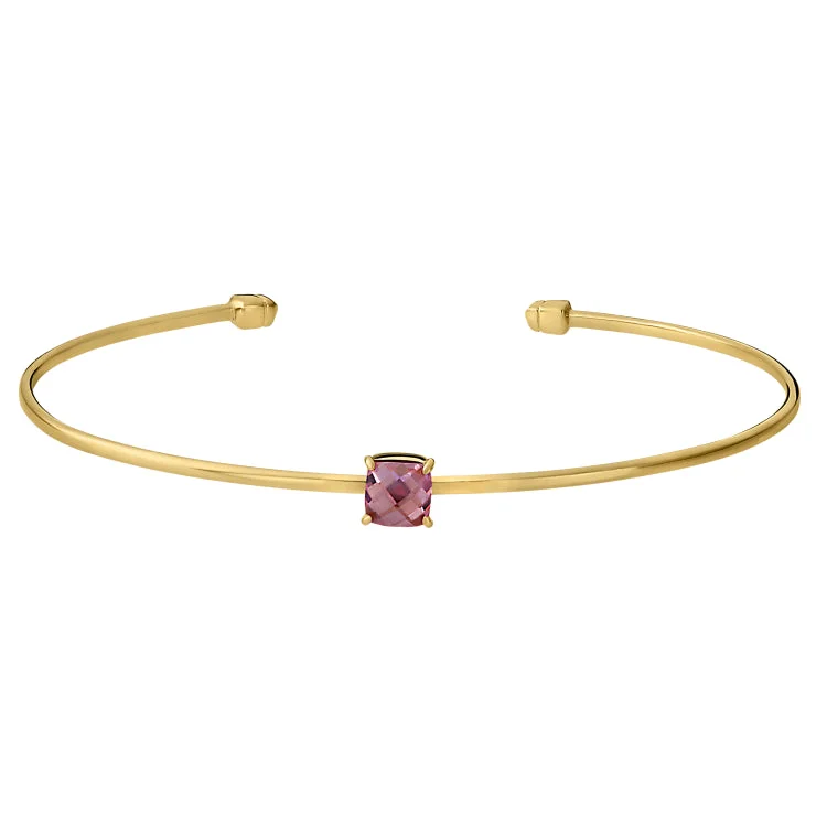 Friendship Bracelets For Women-Gold Finish Sterling Silver Pliable Cuff Bracelet with Faceted Cushion Cut Simulated Pink Sapphire Birth Gem - October