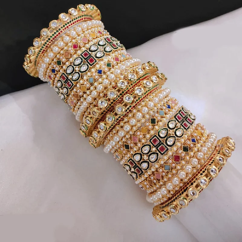 Simple Wedding Bangles For Special Days-Lucentarts Jewellery Gold Plated Crystal Stone And Pearls Bangles Set