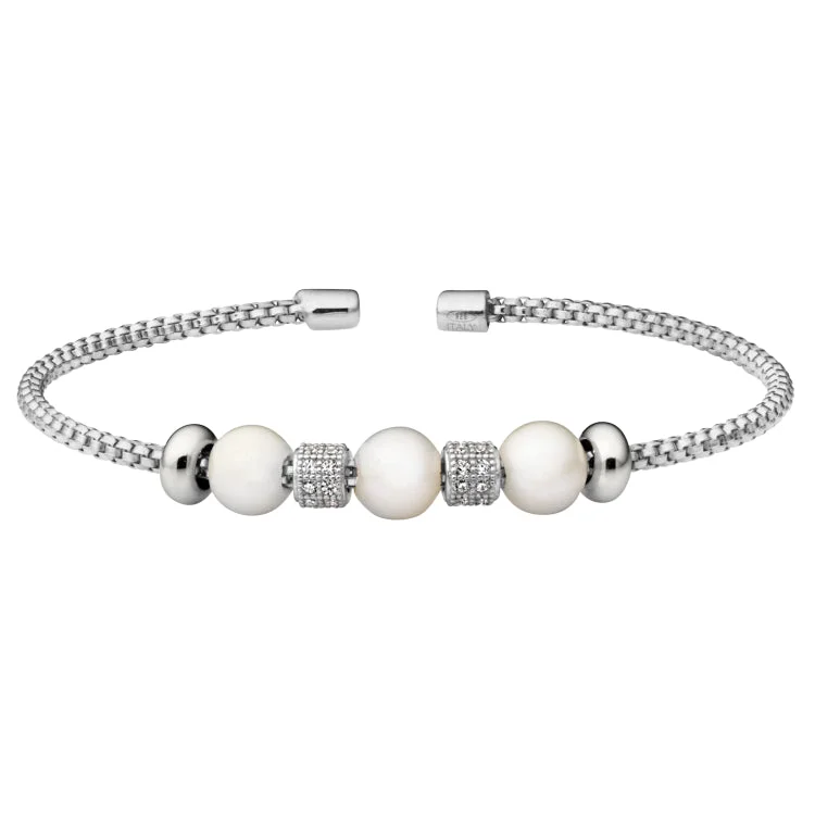 Trendy Bracelets With Charms-Rhodium Finish Sterling Silver Rounded Box Link Cuff Bracelet with Simulated Pearls and Simulated Diamond Barrels