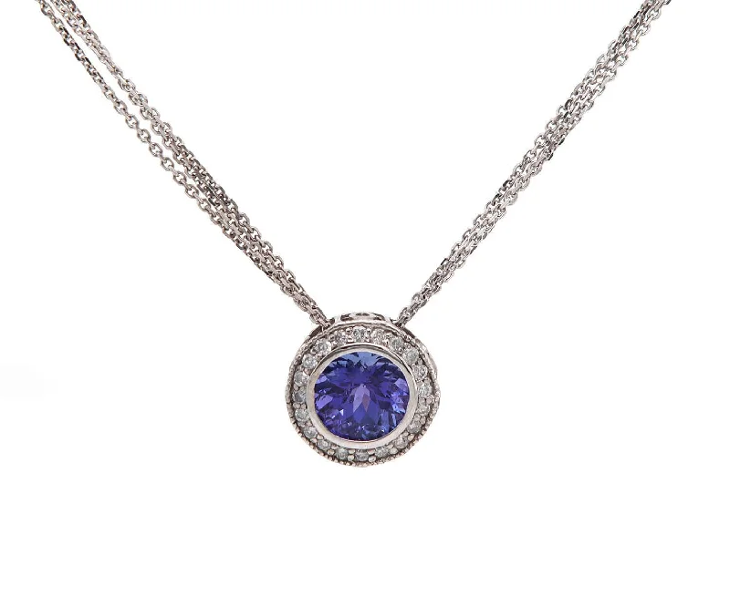 Necklaces for Couples -2.50ct Round Tanzanite and 0.40ctw Diamond Halo Pendant Necklace in 14K