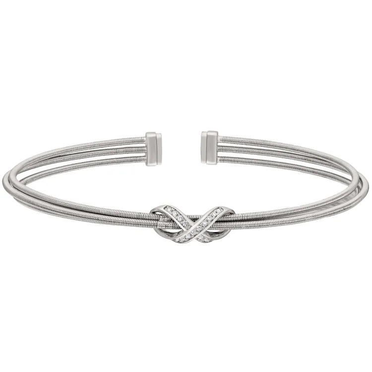 Custom Bracelets For Couples With Names-Rhodium Finish Sterling Silver Three Cable Cuff Bracelet with Rhodium Finish Simulated Diamond Infinity