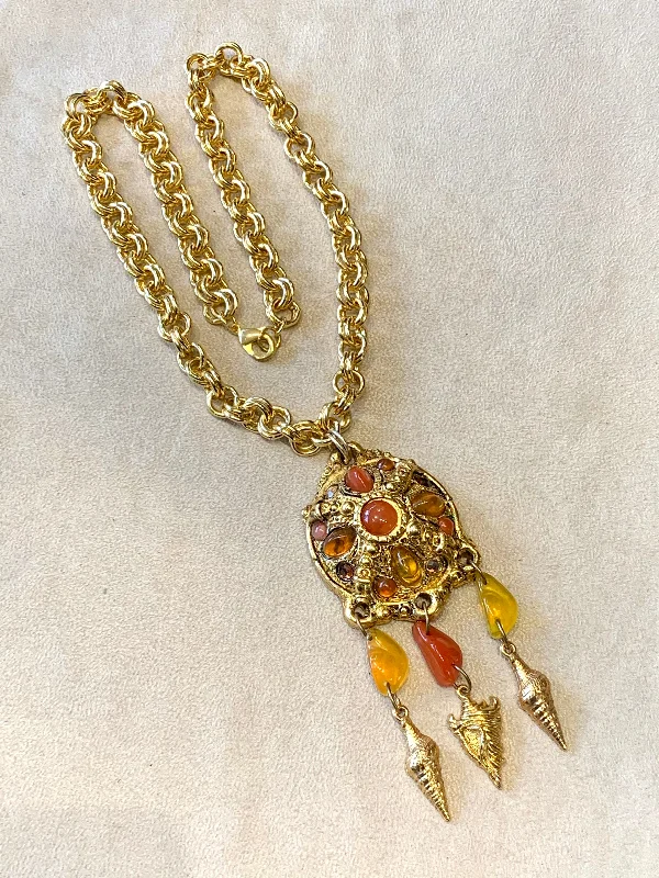 Custom Birthstone Necklaces -Large amber gold tone vintage  pendant necklace