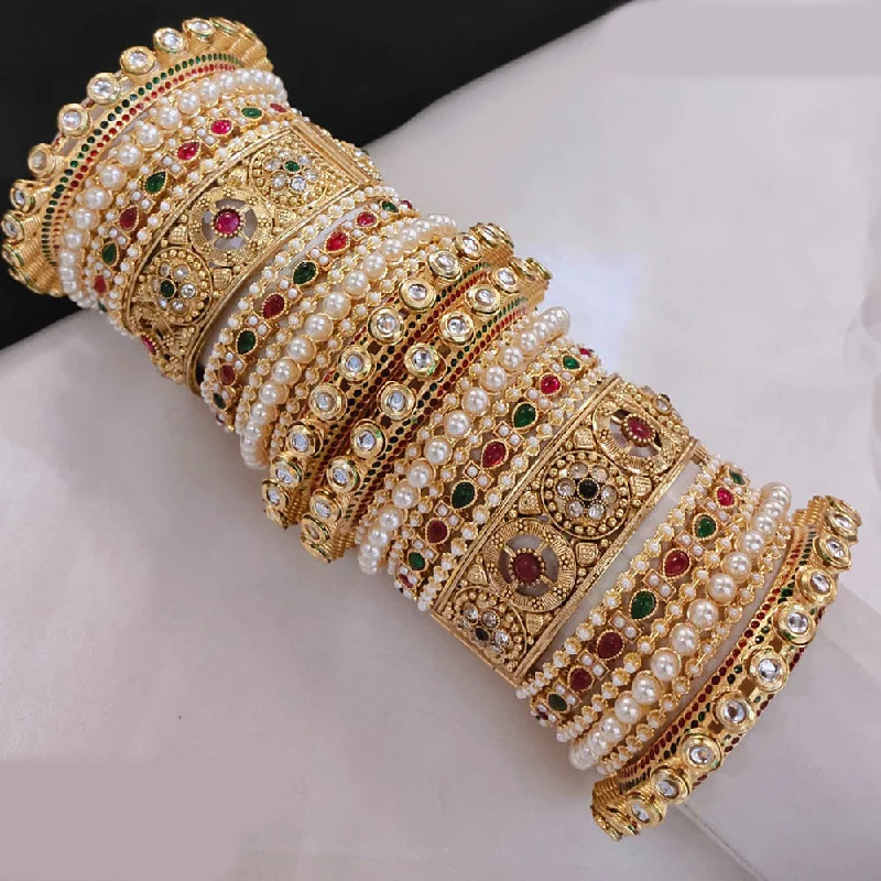 Elegant Gold Bangles For Parties-Lucentarts Jewellery Gold Plated Pota Stone And Pearls Openable Bangles Set