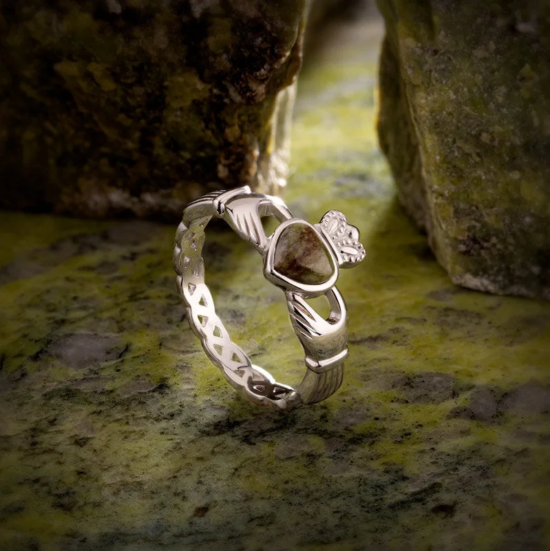 Engagement rings with unique settings-Silver Connemara Marble Claddagh Weave Ring