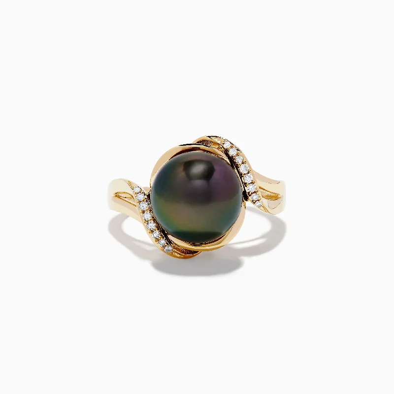 Titanium engagement rings for men-Pearl 14K Yellow Gold Diamond and Tahitian Pearl Ring