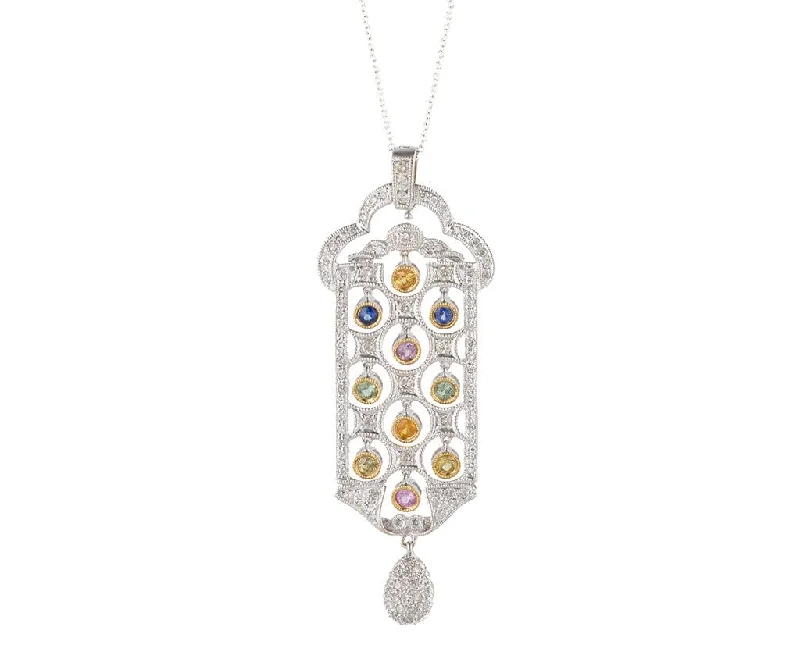 Long Necklaces -1.30ctw Diamond and 1.00ctw Multi Color Sapphire Art Deco Pendant Necklace in14K